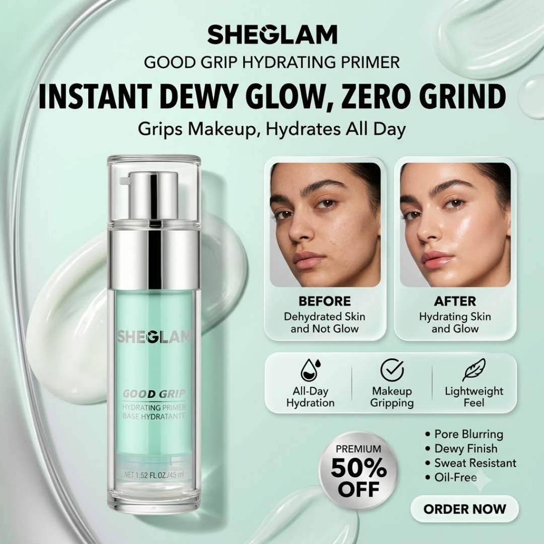 SHEGLAM Good Grip Hydrating Primer – Instant Dewy Glow, Zero Grip – Grips Makeup, Hydrates All Day – Pore Blurring, Dewy Finish, Sweat Resistant, Oil-Free