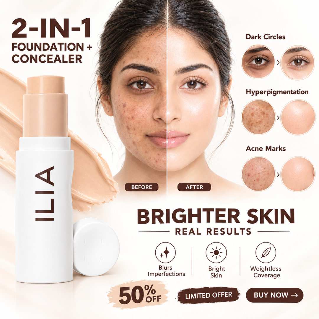 ILIA 2-in-1 Foundation + Concealer Stick – Full Coverage, Buildable Formula for Dark Circles, Acne Marks & Hyperpigmentation (Smooth, Natural-Looking Finish)