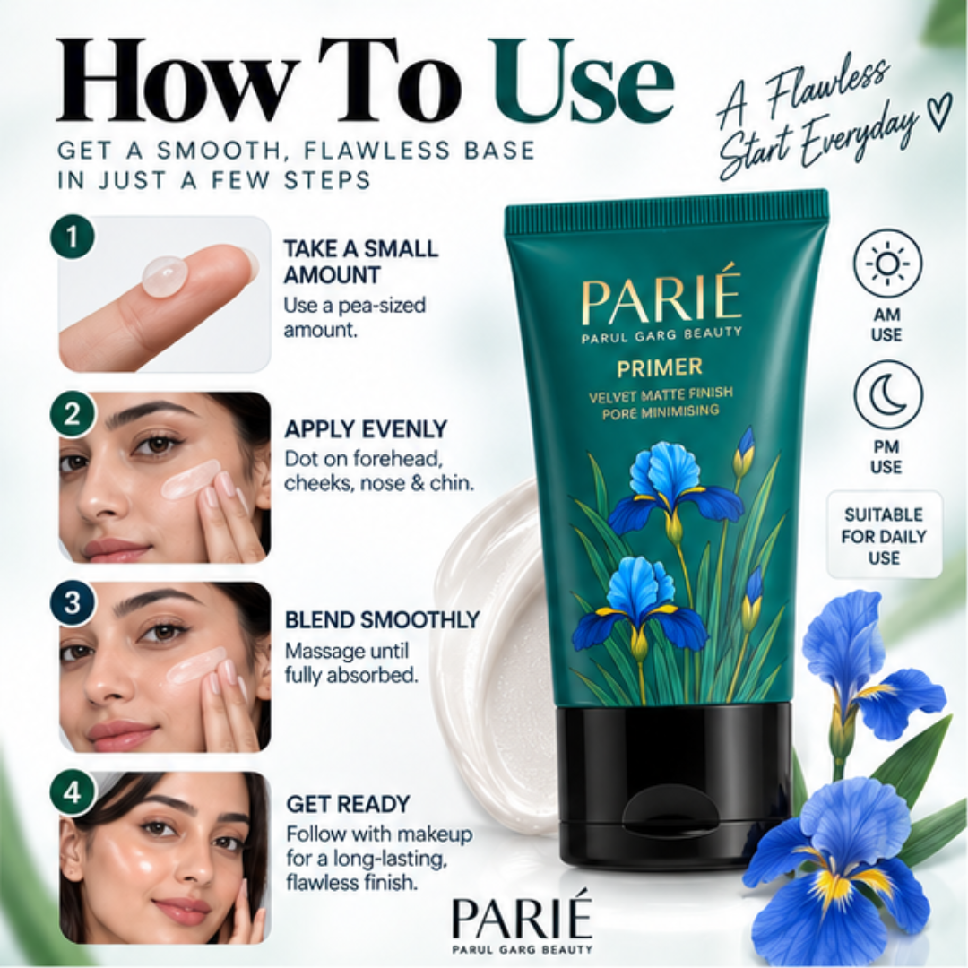 PARIÉ Primer by Parul Garg Beauty – Velvet Matte Finish – Blurs Pores, Smooths Texture & Long-Lasting – Enriched with Vitamin E – Lightweight, Non-Greasy Base for Flawless Makeup