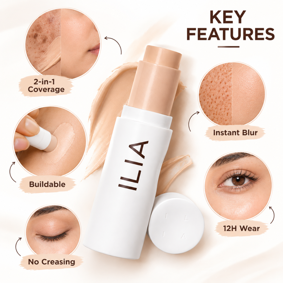 ILIA 2-in-1 Foundation + Concealer Stick – Full Coverage, Buildable Formula for Dark Circles, Acne Marks & Hyperpigmentation (Smooth, Natural-Looking Finish)