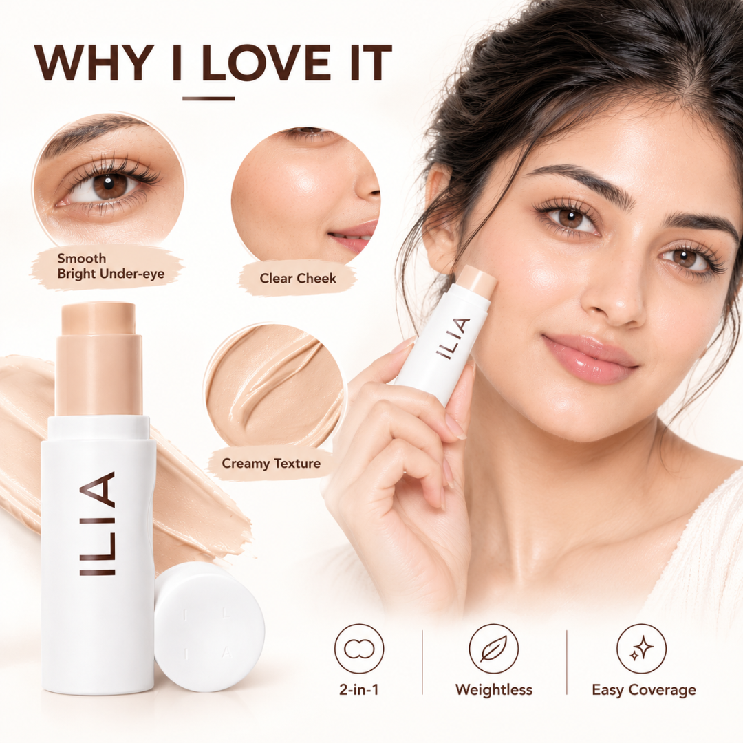 ILIA 2-in-1 Foundation + Concealer Stick – Full Coverage, Buildable Formula for Dark Circles, Acne Marks & Hyperpigmentation (Smooth, Natural-Looking Finish)