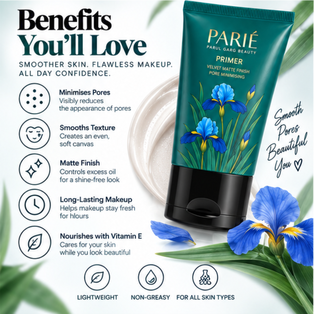 PARIÉ Primer by Parul Garg Beauty – Velvet Matte Finish – Blurs Pores, Smooths Texture & Long-Lasting – Enriched with Vitamin E – Lightweight, Non-Greasy Base for Flawless Makeup