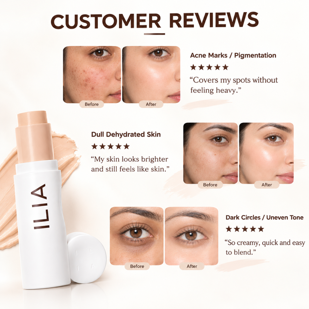 ILIA 2-in-1 Foundation + Concealer Stick – Full Coverage, Buildable Formula for Dark Circles, Acne Marks & Hyperpigmentation (Smooth, Natural-Looking Finish)