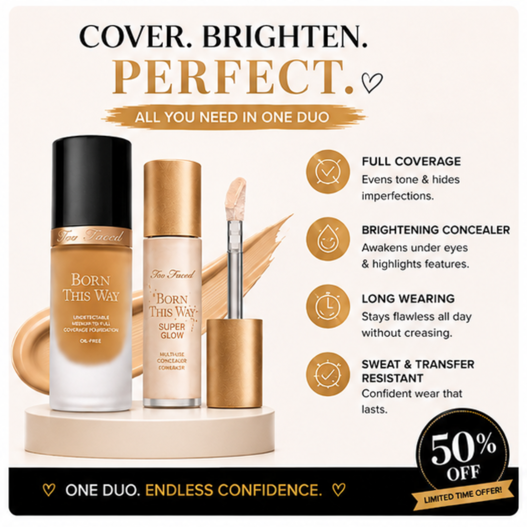 Too Faced Born This Way Foundation + Concealer Duo – The Perfect Duo – Smooth, Bright & Flawless – Medium to Full Coverage, Natural Finish – Hydrating, Oil-Free