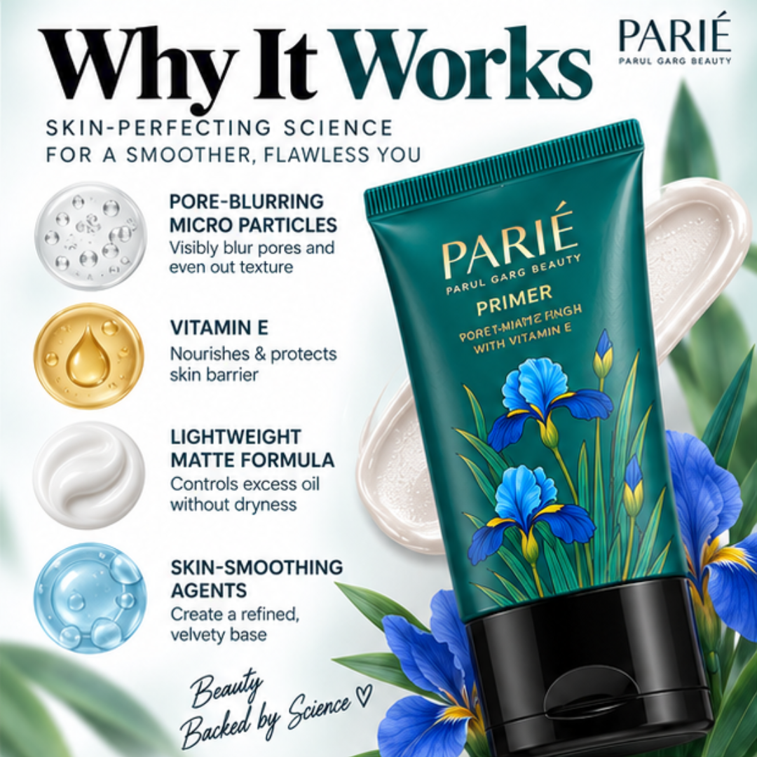 PARIÉ Primer by Parul Garg Beauty – Velvet Matte Finish – Blurs Pores, Smooths Texture & Long-Lasting – Enriched with Vitamin E – Lightweight, Non-Greasy Base for Flawless Makeup